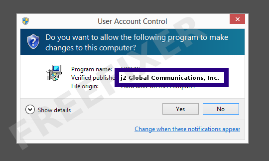 Screenshot where j2 Global Communications, Inc. appears as the verified publisher in the UAC dialog